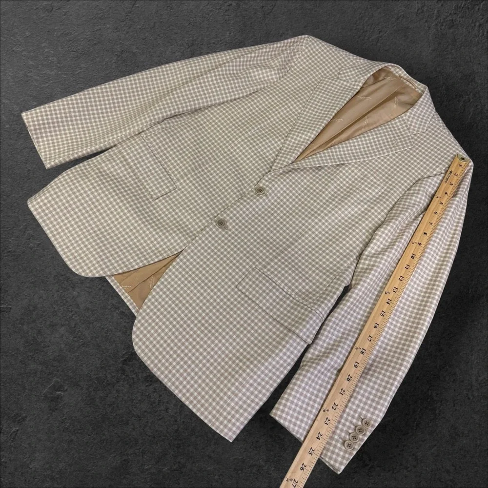Kiton Napoli 100% Cashmere Gingham Sport Coat Blazer Tan White Mens 52‎ IT 42 US